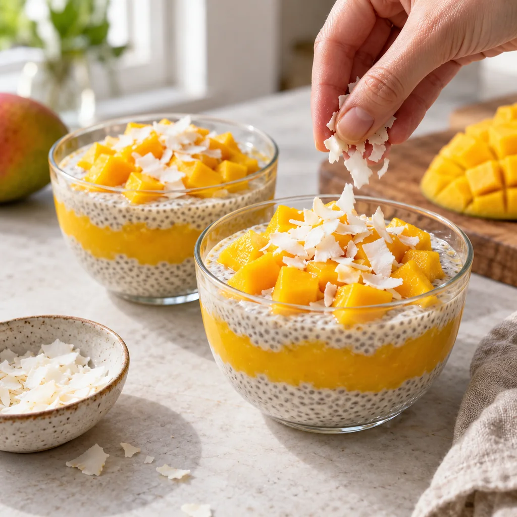 Two mango coconut chia bowls topped with fresh mango cubes and coconut flakes