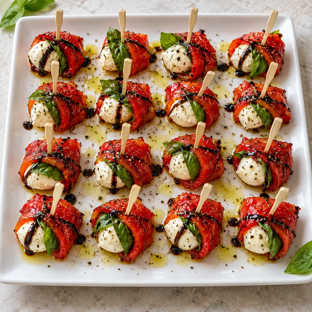 Finished roasted red pepper mozzarella bites with olive oil, balsamic glaze and black pepper