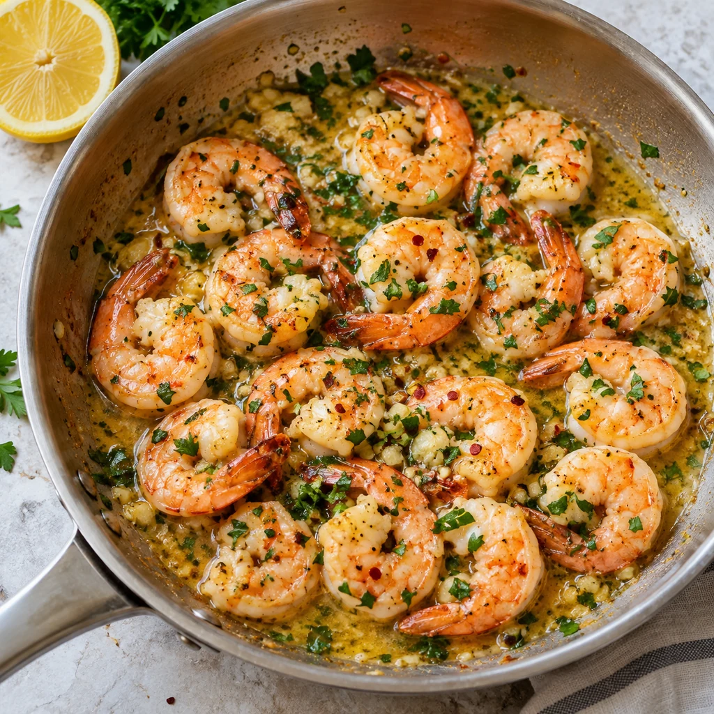 Cooked garlic butter shrimp finished in the skillet with lemon, parsley and red pepper flakes