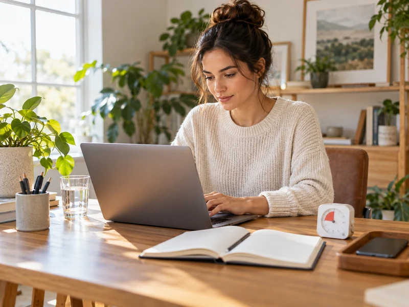 Woman concentrating at a bright home desk with a laptop, notebook, timer, and phone set aside