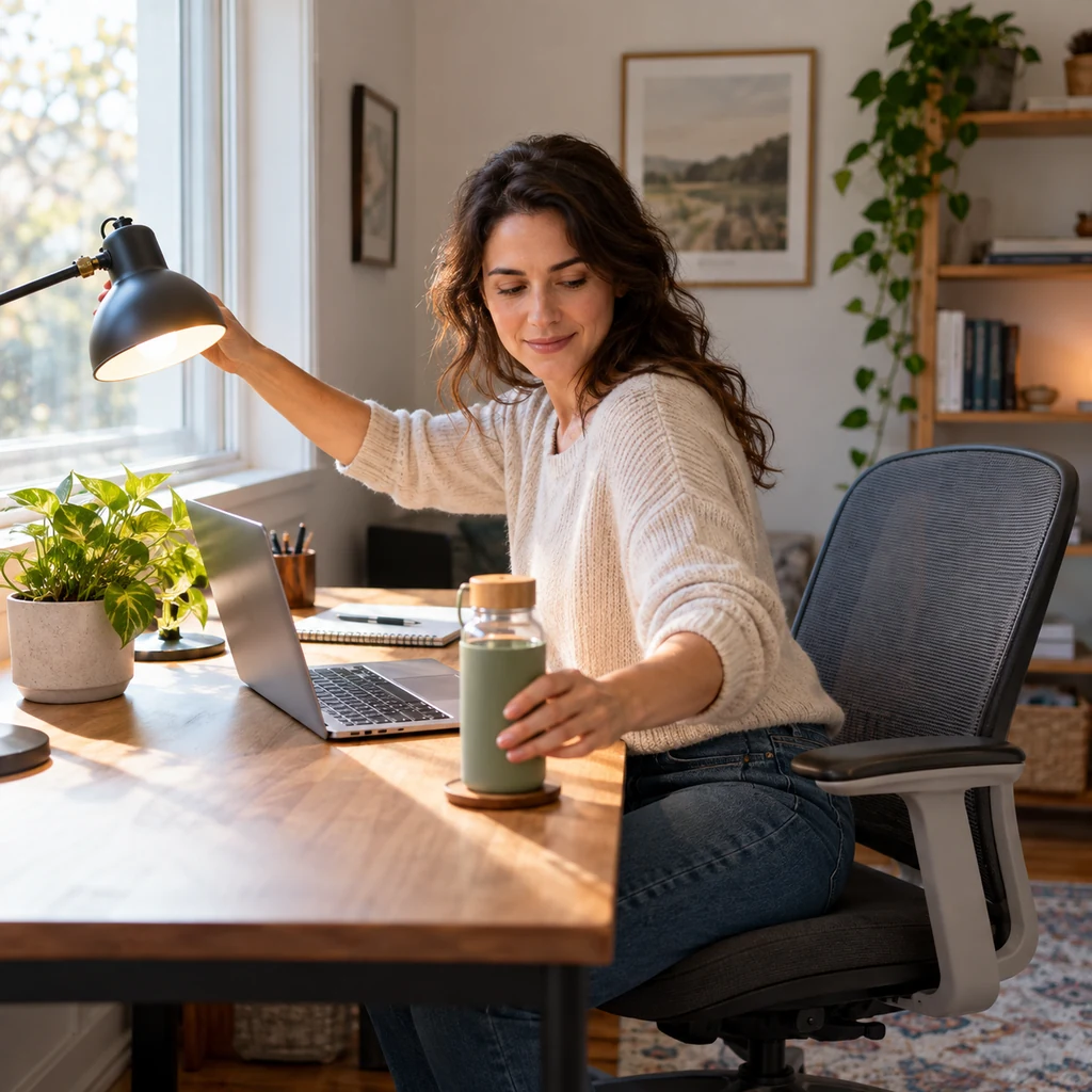 Woman arranging a desk lamp and water in a comfortable home workspace