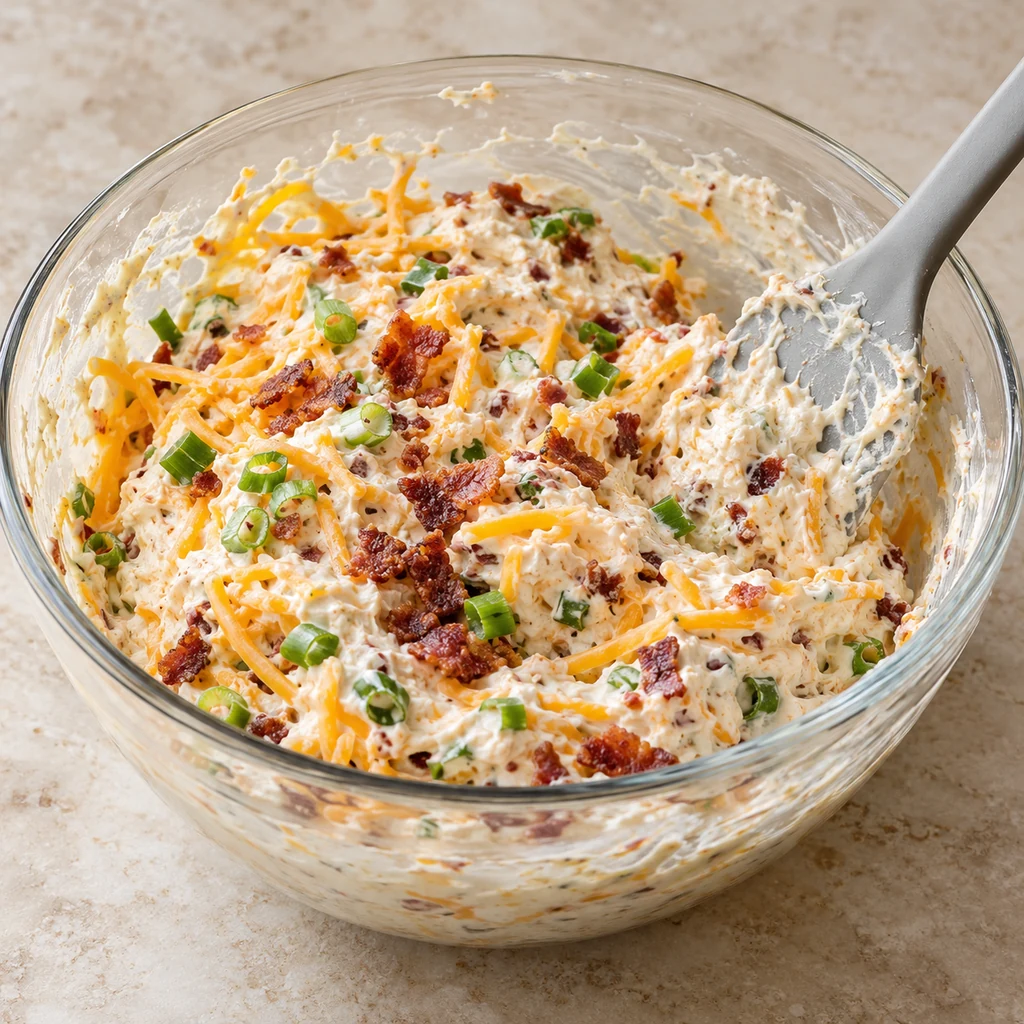 Cheddar, crumbled bacon and sliced green onions folded into creamy dip