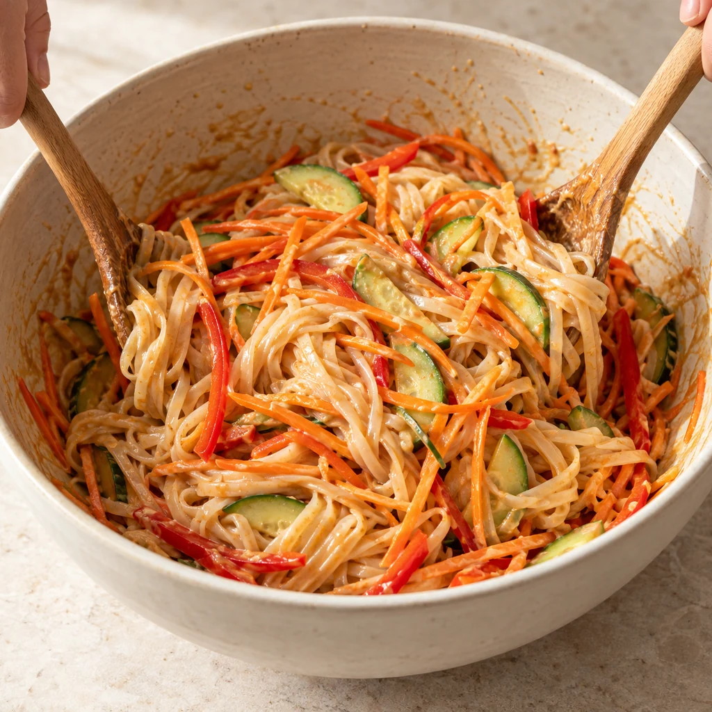 Shredded carrots, cucumber slices and red bell pepper being folded into peanut-coated rice noodles