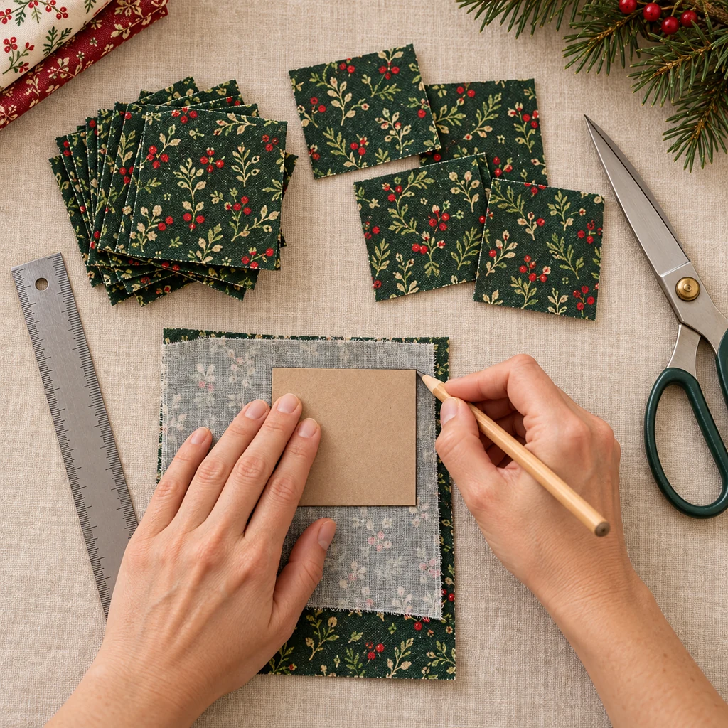 Two-inch cardboard template being traced on cotton fabric beside uniformly cut squares