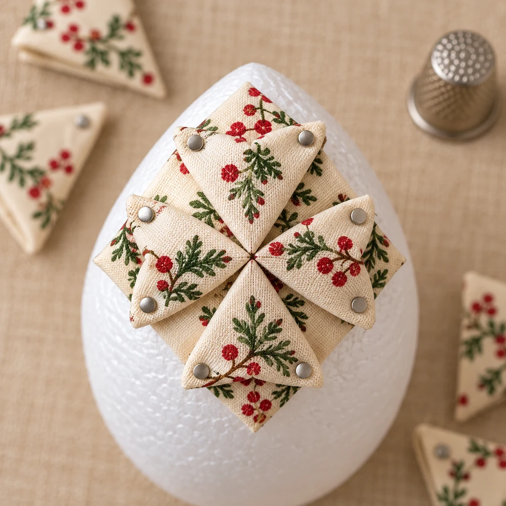 Four folded fabric triangles pinned symmetrically around the narrow end of a foam egg