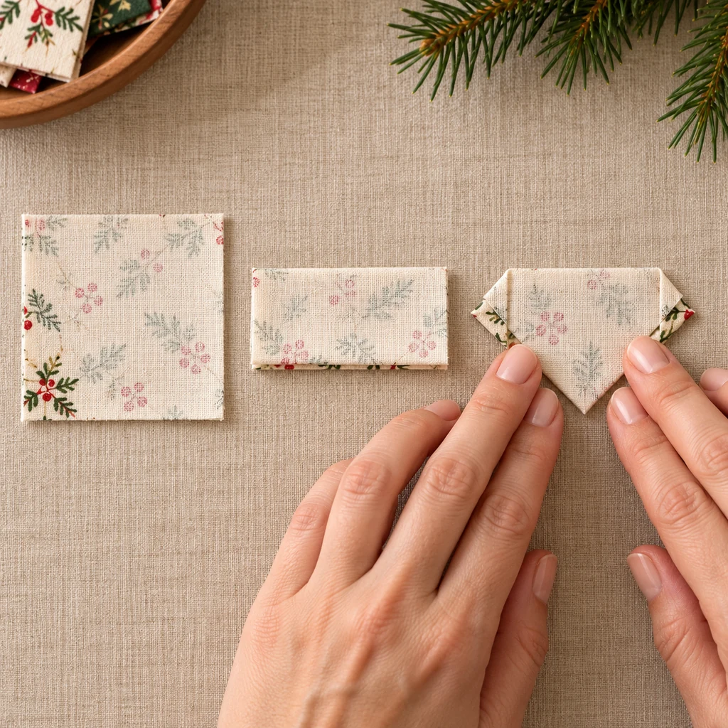 Cotton fabric square shown flat half-folded and folded into a pointed ornament unit