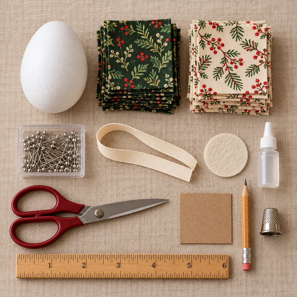 Foam egg fabric squares straight pins ribbon felt glue scissors template ruler and thimble for a fabric pinecone ornament