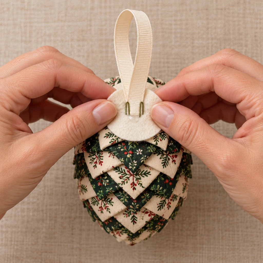 Cream ribbon loop secured beneath a felt circle on a finished fabric pinecone ornament