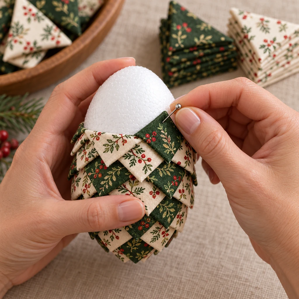 Green fabric triangle added between two points in a staggered row on a foam egg