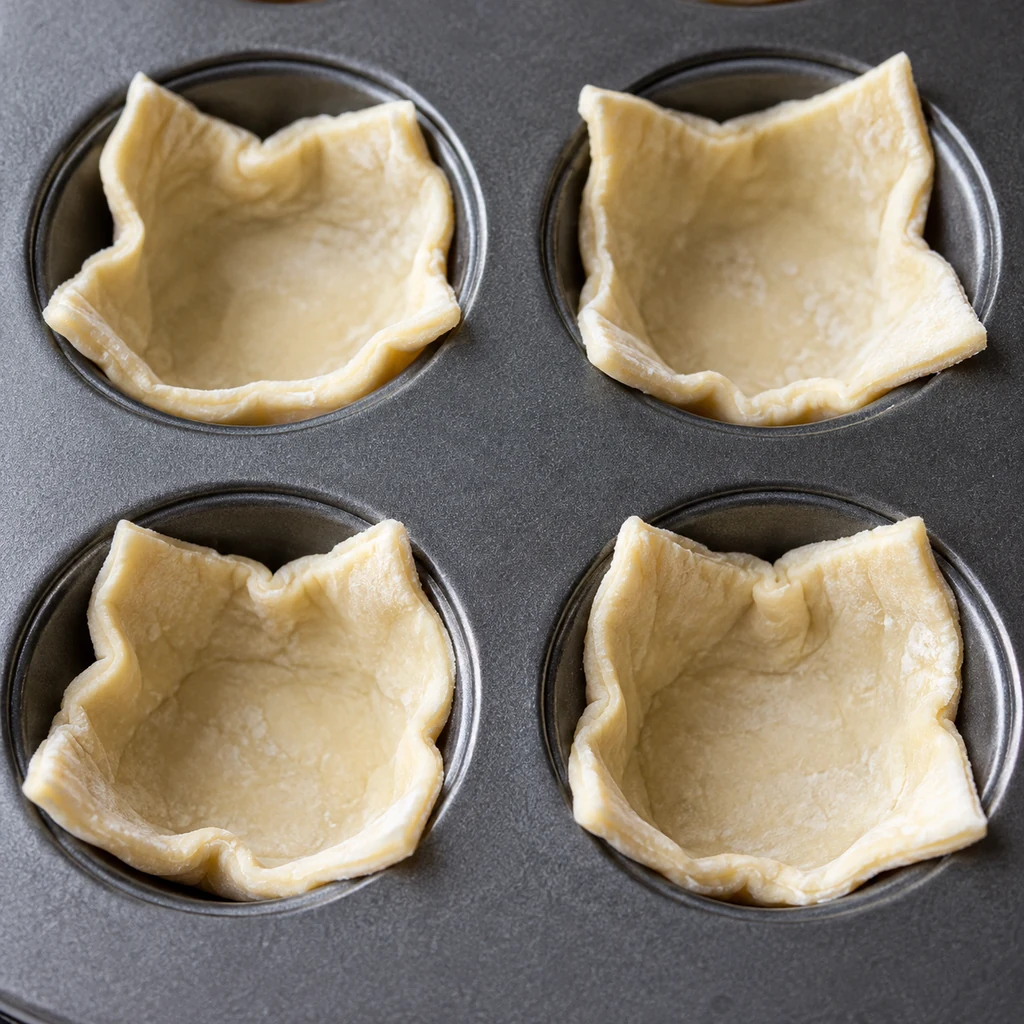 Empty raw puff pastry squares pressed gently into mini muffin pan wells with corners upright