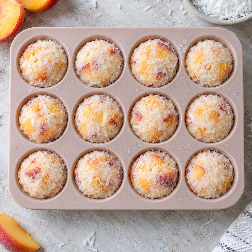 Twelve fully frozen coconut peach bites in a silicone mini muffin mold