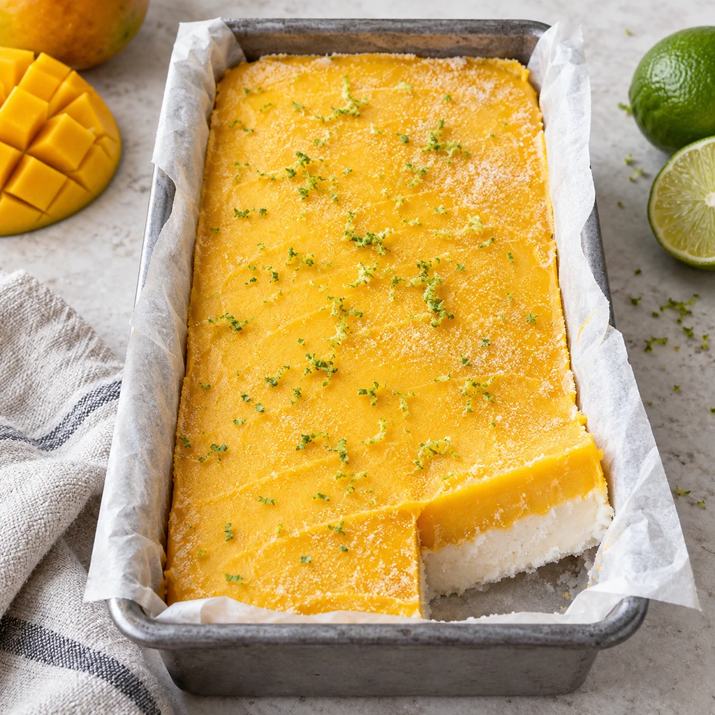 Firm frozen mango coconut slab in a parchment-lined loaf pan