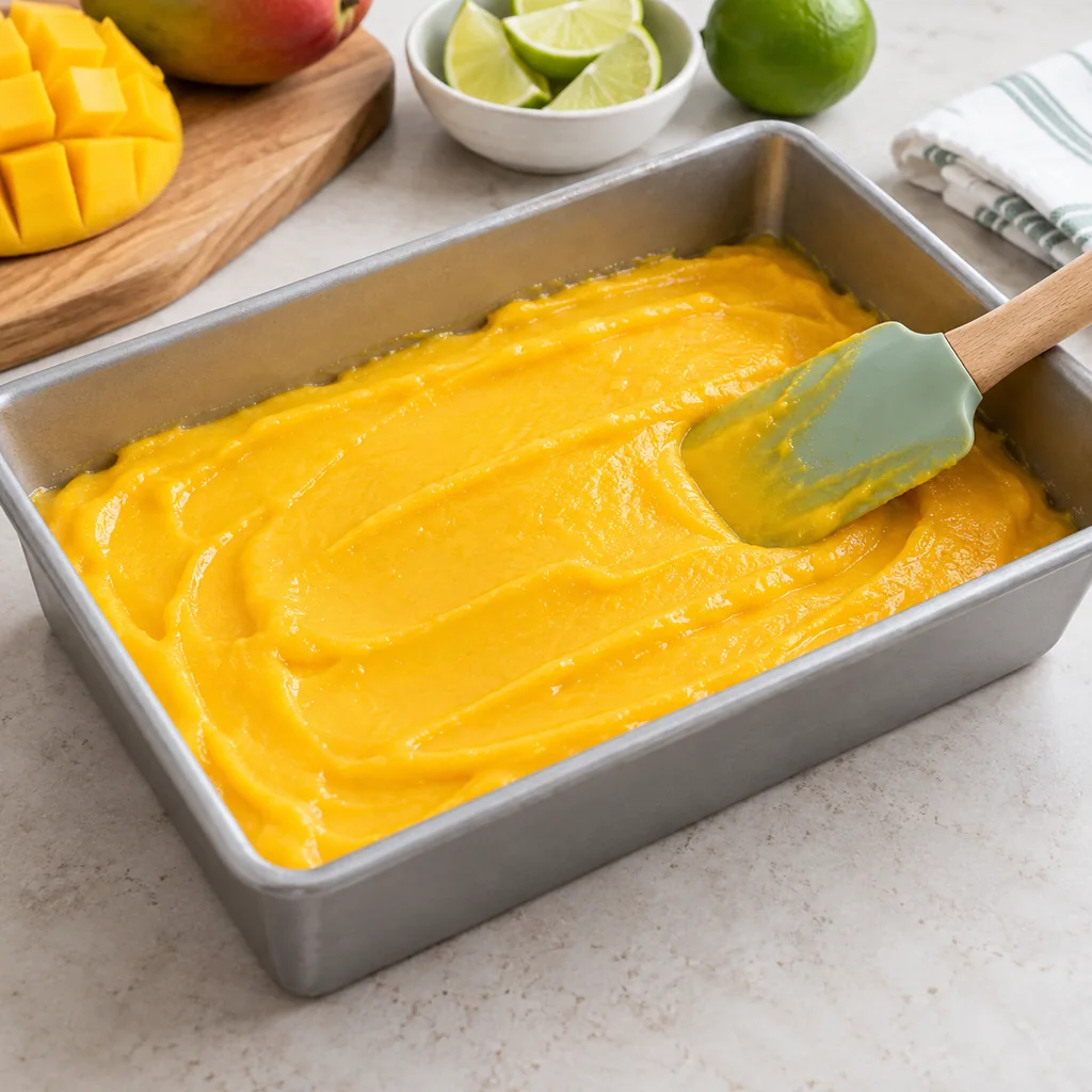 Smooth mango lime puree spread in a shallow metal pan for freezing