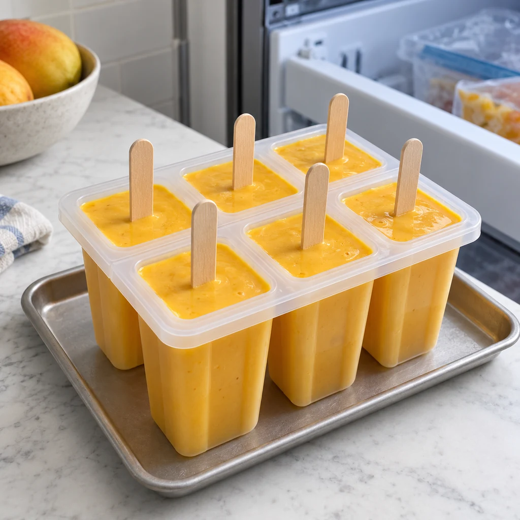Mango yogurt ice pop mold with wooden sticks ready for the freezer