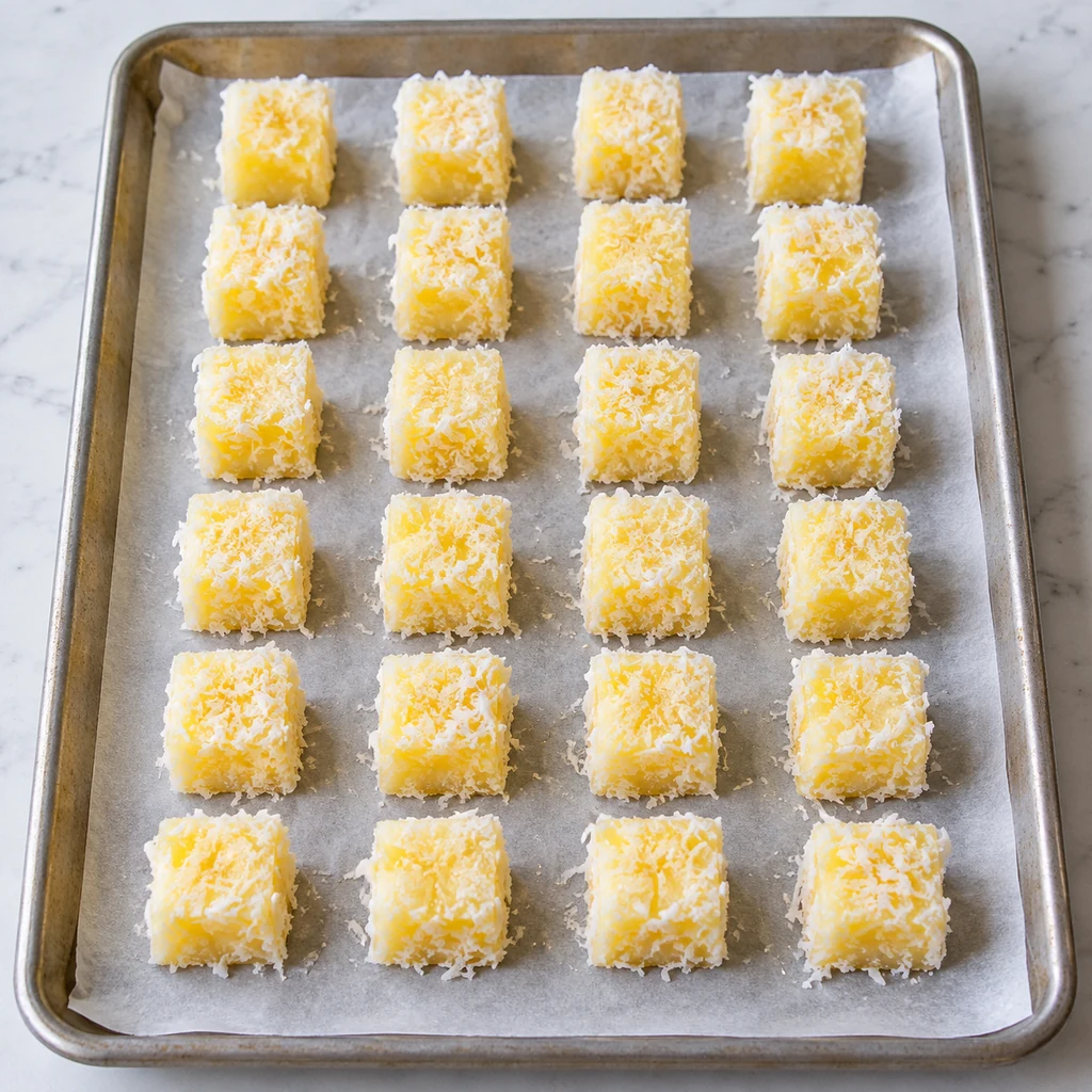 Coconut-coated pineapple cubes arranged separately on a parchment-lined freezer tray
