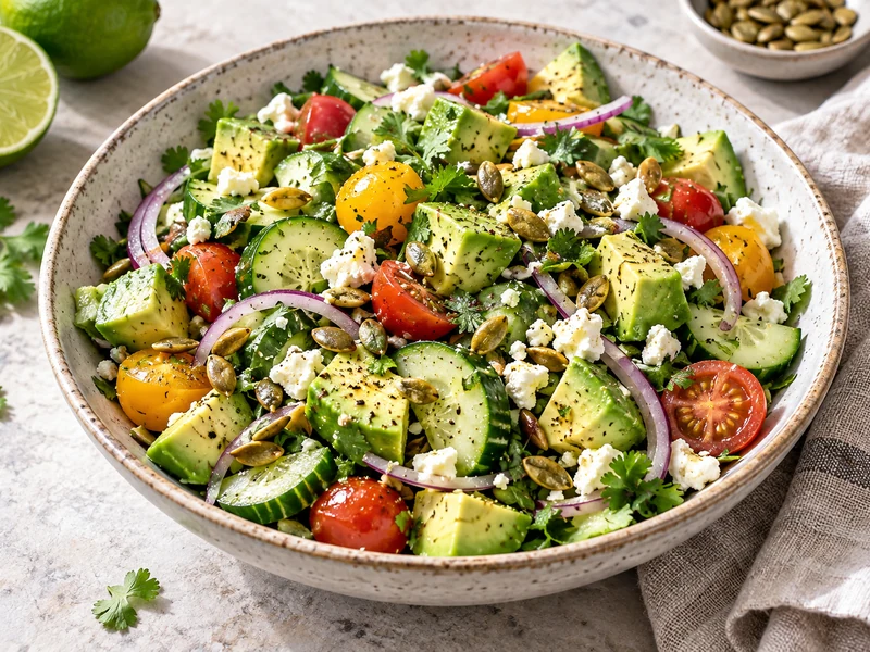 Fresh avocado salad with cucumber, cherry tomatoes, red onion, cilantro, feta and pumpkin seeds