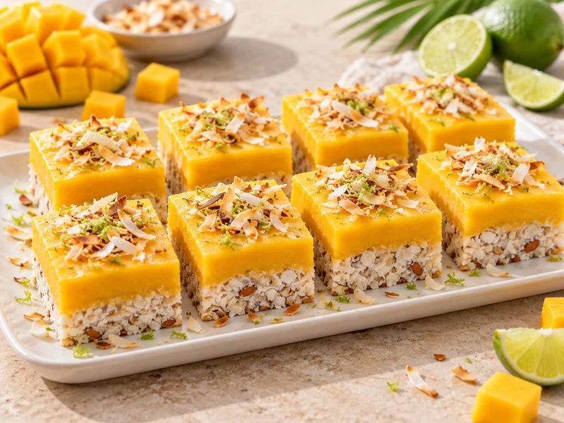 Eight frozen mango coconut bars with lime zest and toasted coconut