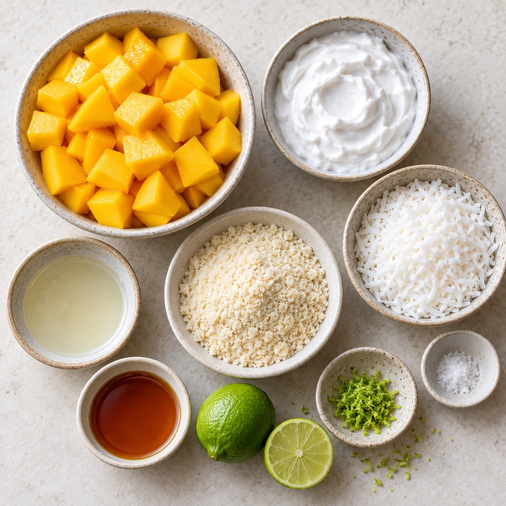Mango, coconut cream, shredded coconut, almond flour, coconut oil, maple syrup, lime and salt arranged in bowls