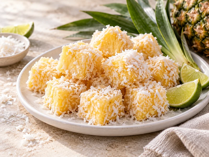 Frozen pineapple coconut bites served with fresh lime