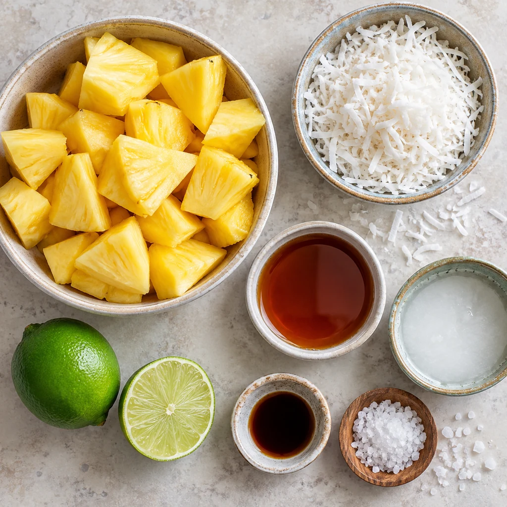 Pineapple, shredded coconut, maple syrup, coconut oil, lime and vanilla arranged for the recipe