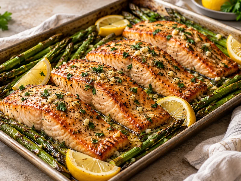 Garlic butter salmon fillets with roasted asparagus, lemon and parsley