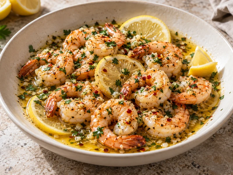 Garlic butter shrimp with lemon, parsley and red pepper flakes in a cream serving bowl