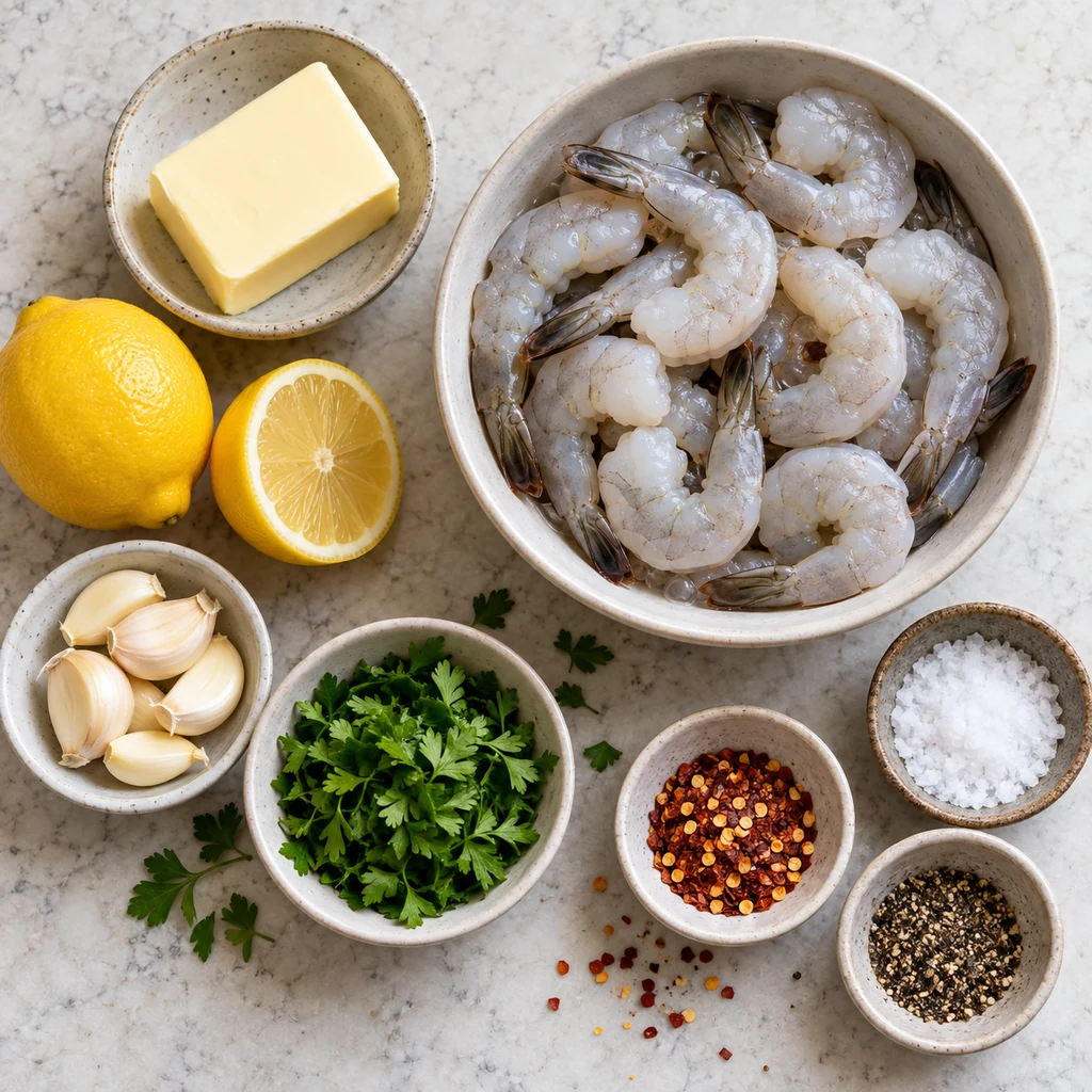 Raw shrimp, butter, garlic, lemon, parsley, red pepper flakes, salt and black pepper