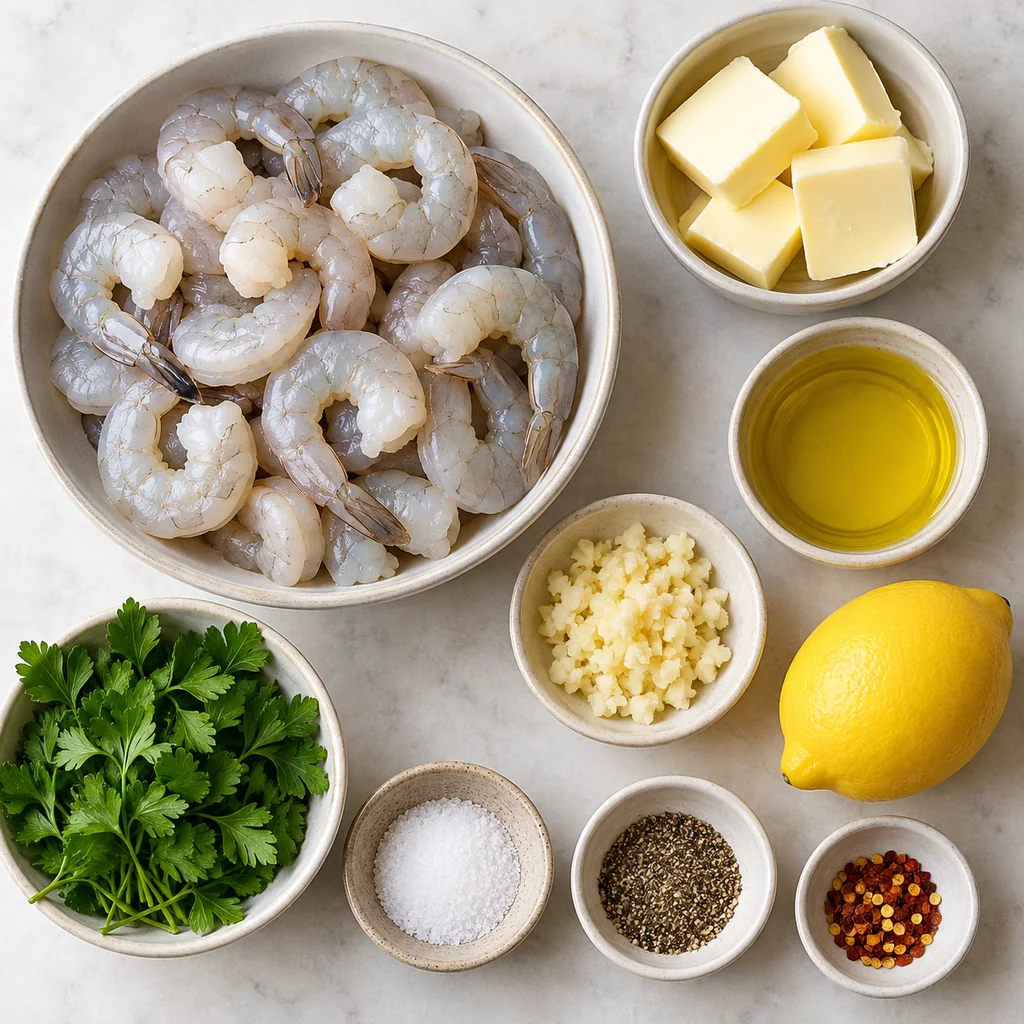 Shrimp, butter, olive oil, garlic, lemon, parsley, salt, pepper and red pepper flakes