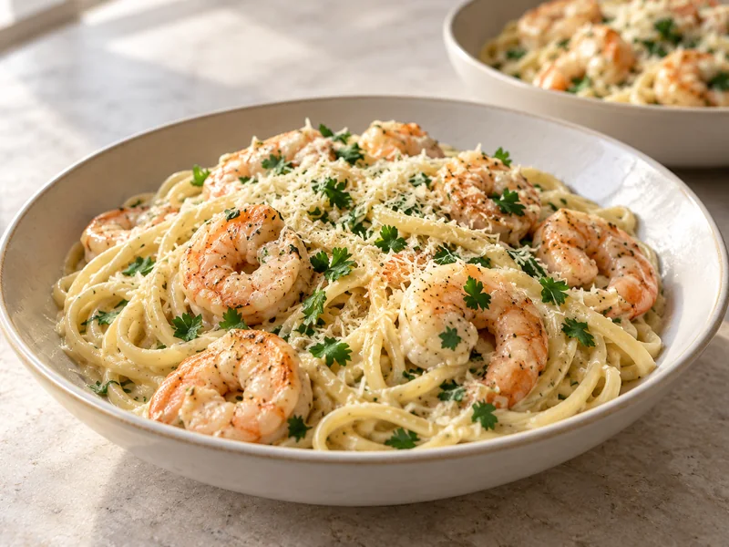 Finished creamy garlic butter shrimp linguine topped with parsley and Parmesan in a shallow bowl