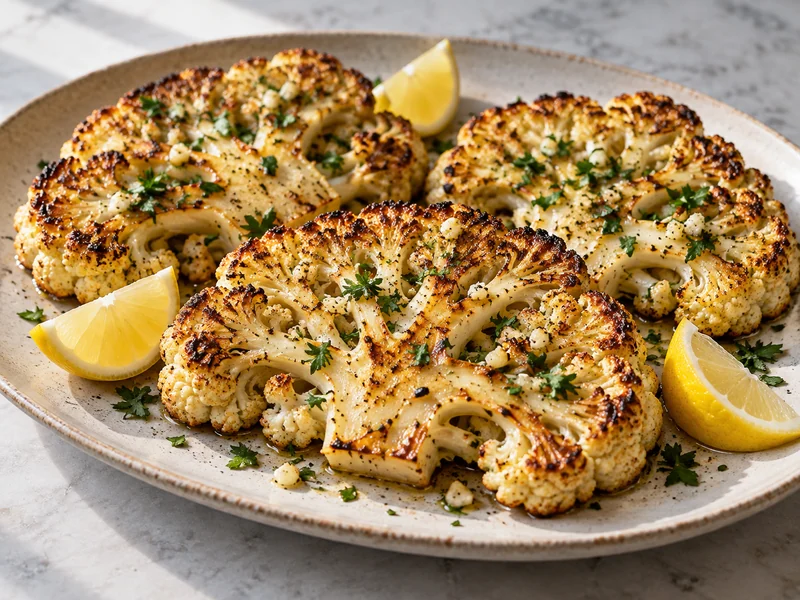 Three finished garlic lemon roasted cauliflower steaks with parsley and lemon wedges on a platter