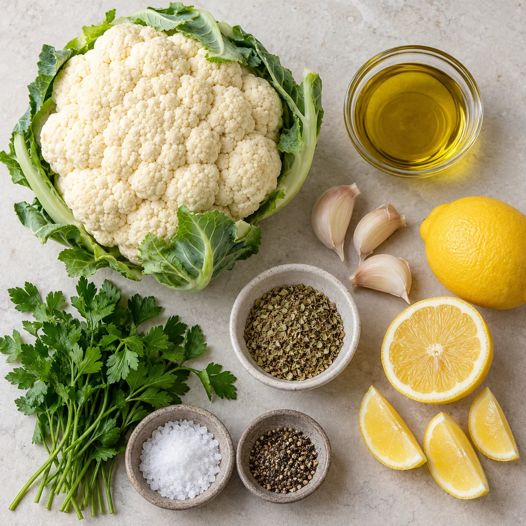 Cauliflower, olive oil, garlic, lemons, oregano, salt, pepper and parsley arranged before cooking