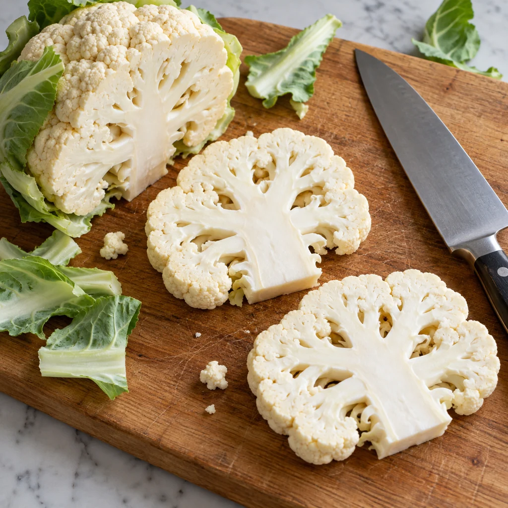 Raw cauliflower cut into thick cross-section steaks with the center core intact on a cutting board