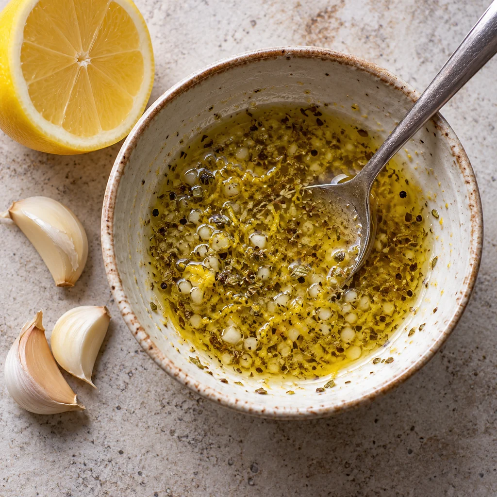 Olive oil, minced garlic, lemon zest, lemon juice and oregano mixed in a small ceramic bowl