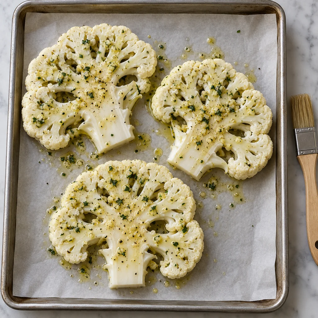 Raw cauliflower steaks coated with garlic-lemon oil on a parchment-lined baking sheet