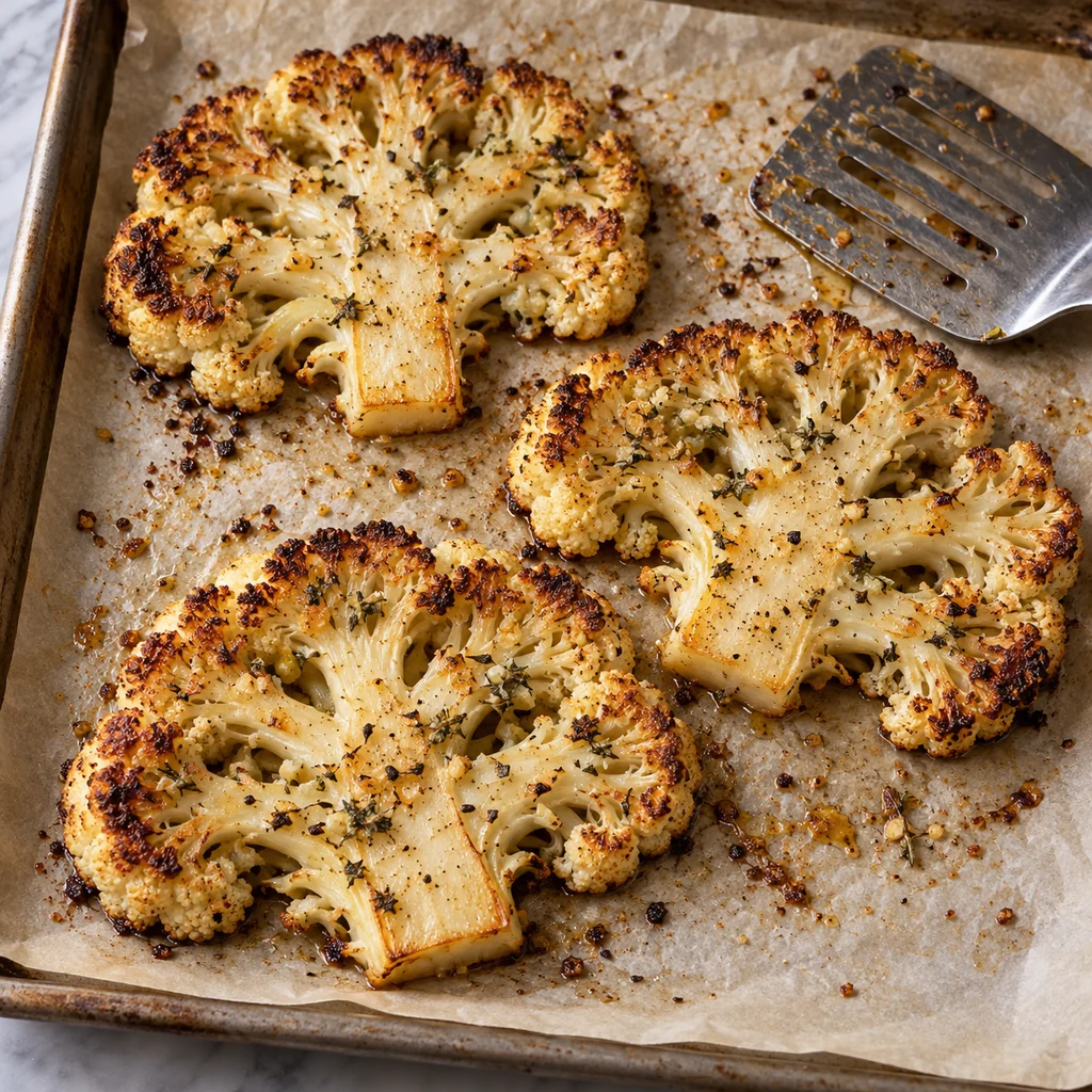 Cauliflower steaks with browned edges and tender centers on a parchment-lined roasting tray