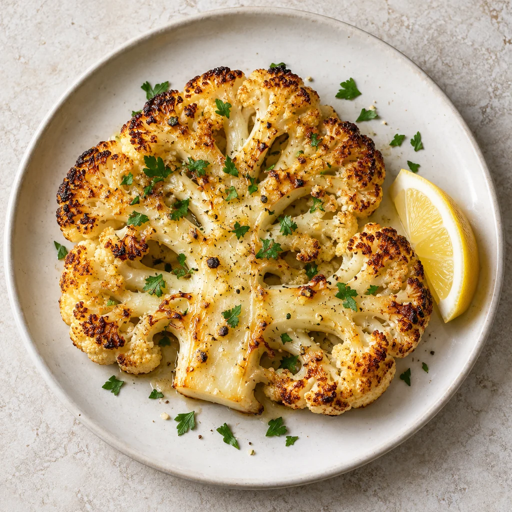 Finished roasted cauliflower steak on a plate with chopped parsley and a lemon wedge