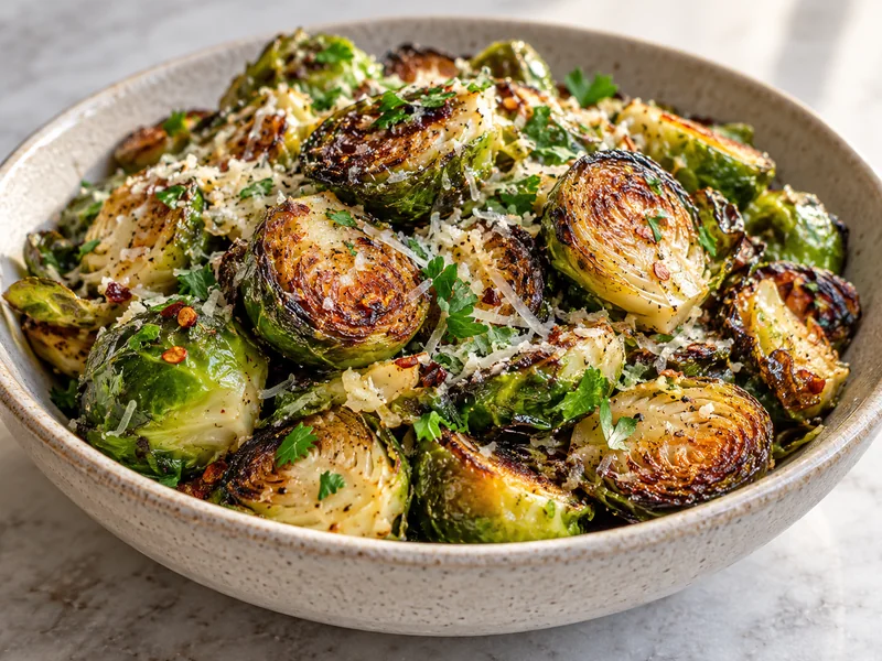 Garlic Parmesan roasted Brussels sprouts with browned edges and parsley in a bowl
