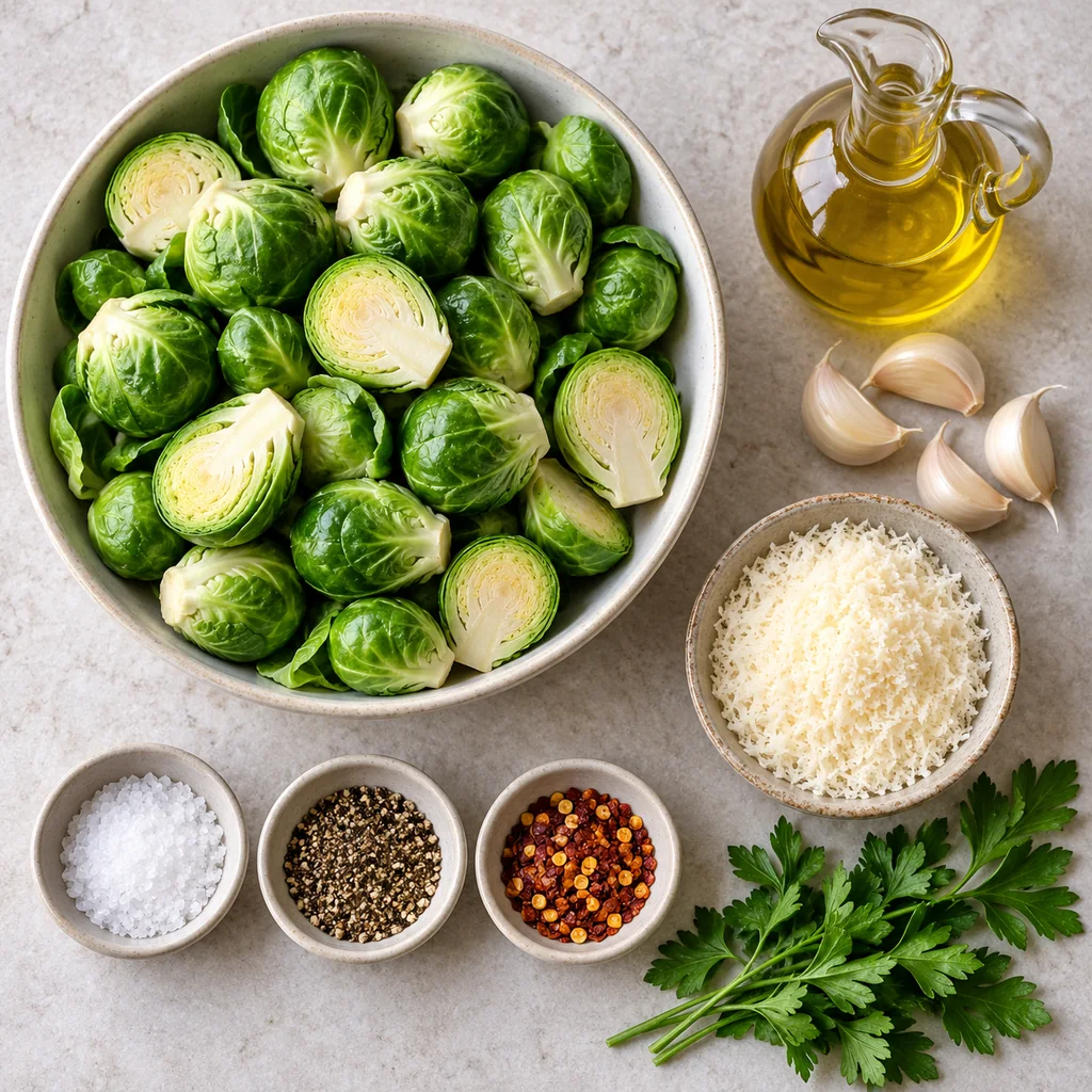Brussels sprouts, olive oil, garlic, grated Parmesan, salt, black pepper, red pepper flakes and parsley arranged for roasting