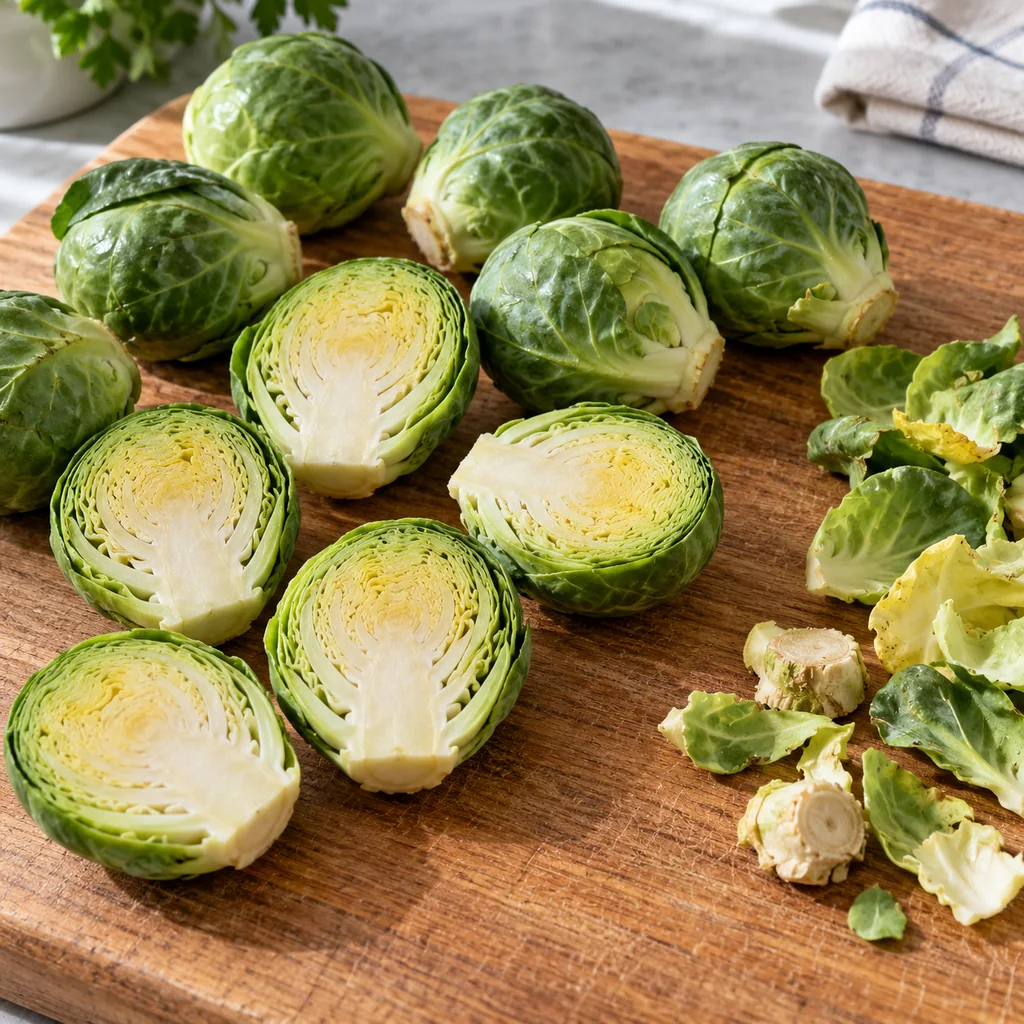 Fresh Brussels sprouts trimmed and halved, with loose damaged leaves removed