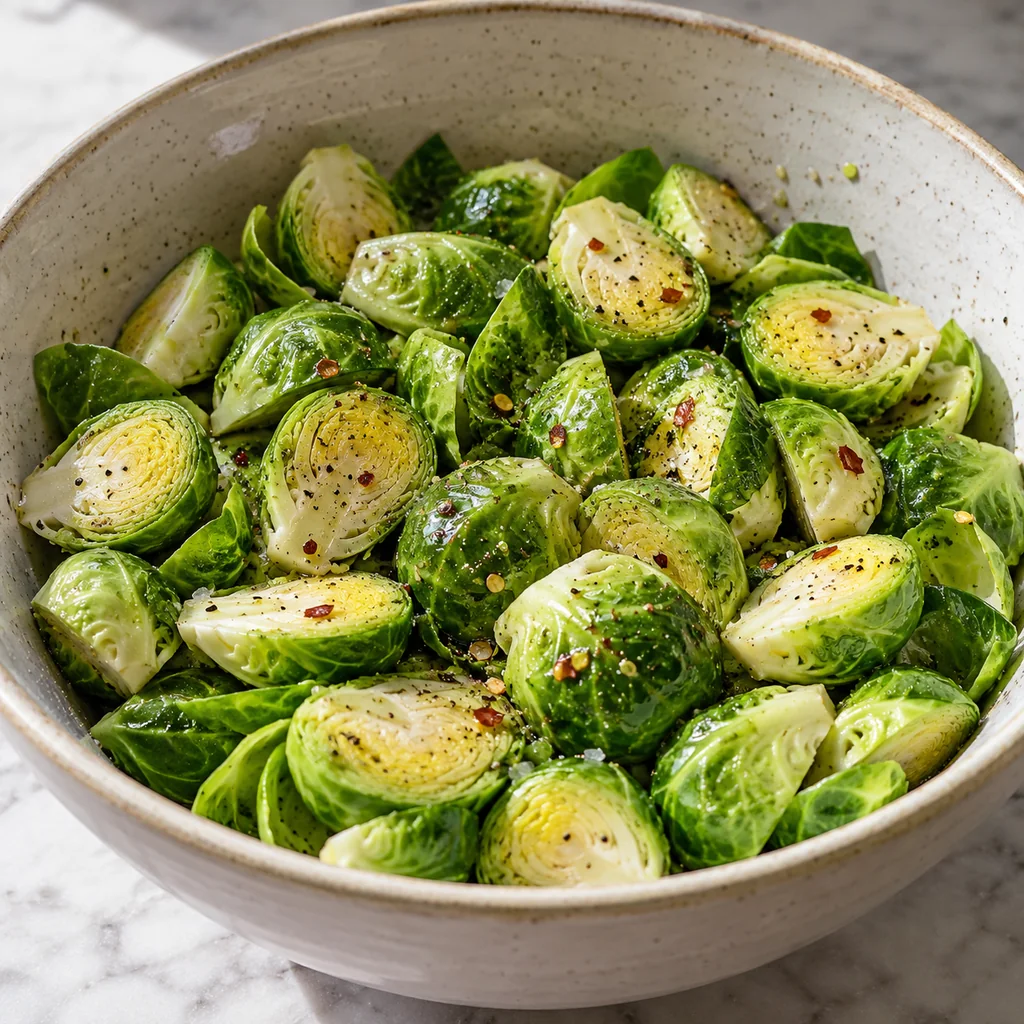 Halved raw Brussels sprouts tossed with olive oil, salt, black pepper and optional red pepper flakes in a bowl