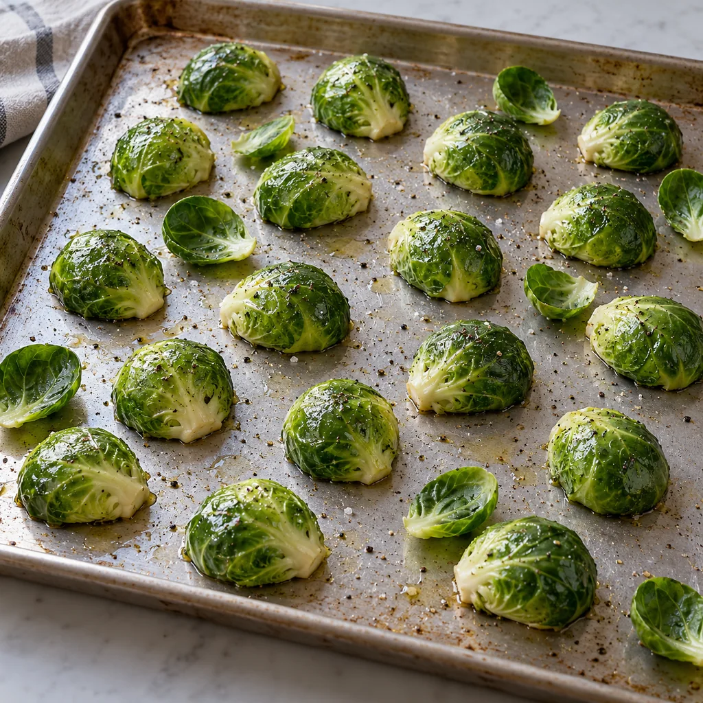 Seasoned Brussels sprout halves spaced cut side down on a baking sheet before roasting