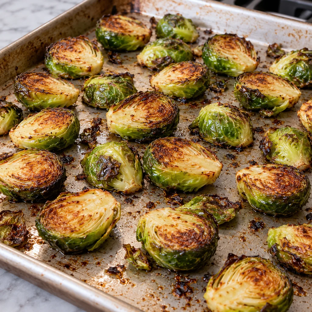 Brussels sprouts roasting cut side down with browned edges on a baking sheet
