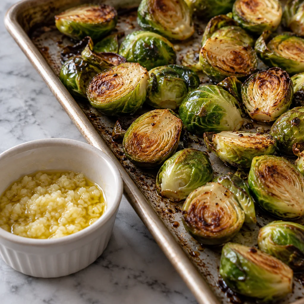 Minced garlic in a small bowl beside partly roasted Brussels sprouts, ready for the final roast