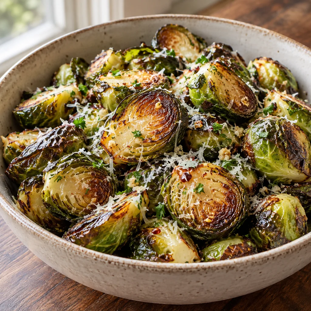 Roasted Brussels sprouts finished with grated Parmesan and chopped parsley in a serving dish