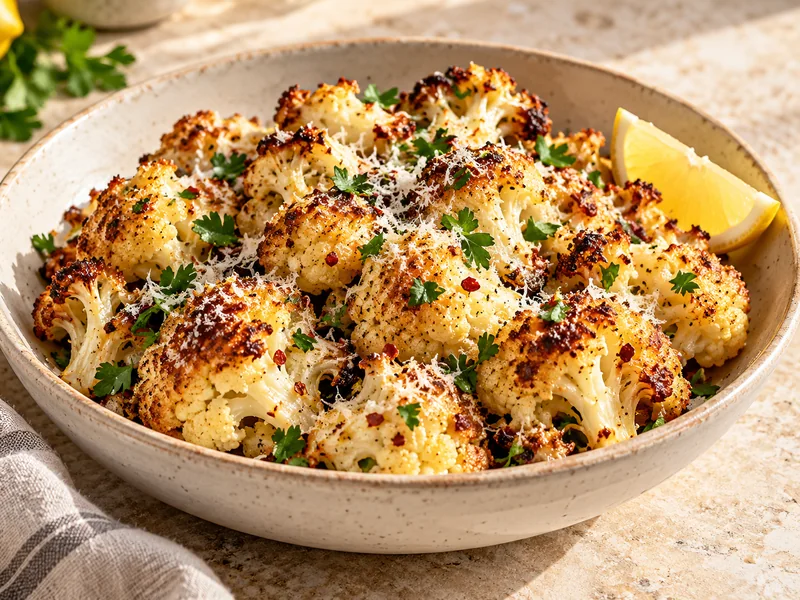 Golden garlic Parmesan roasted cauliflower with parsley and a lemon wedge in a ceramic bowl