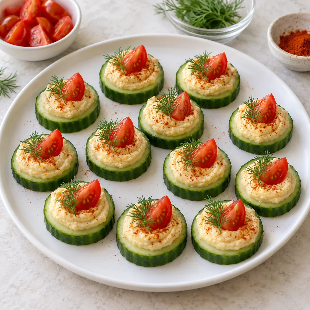 Cucumber hummus bites garnished with cherry tomato wedges, dill and paprika