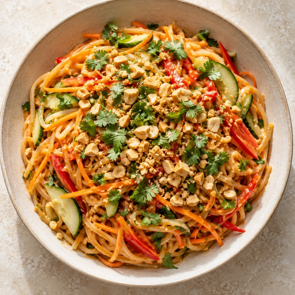Finished peanut rice noodles with carrot, cucumber, red pepper, cilantro and crushed peanuts in a serving bowl