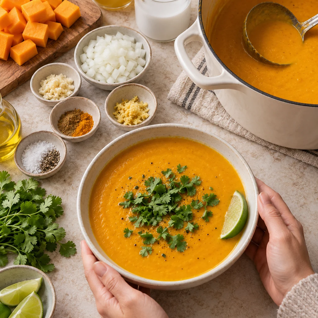 Finished smooth butternut squash coconut ginger soup in a cream bowl garnished with fresh cilantro