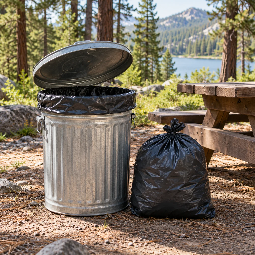 Lidded campsite trash container with liner and separate sealed waste bags