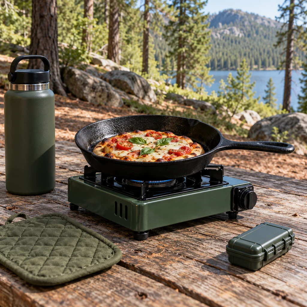Stable camp stove and skillet on a picnic table with matches in a waterproof case